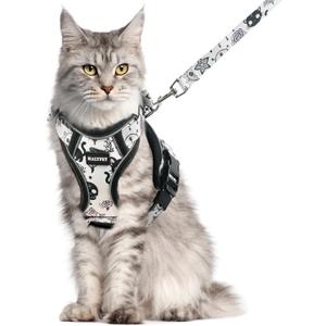Halypet Cat Harness and Leash Set for Walking, Escape Proof Adjustable Vest Harness with 3-in-1 Integrated Buckles, Easy Control Soft Breathable Mesh with Reflective Strips for Cats, M, Moonlight Meow