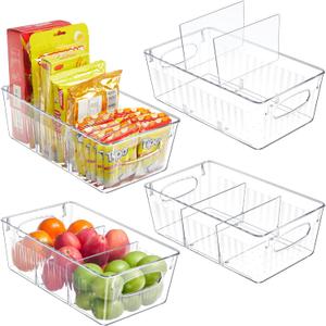 Kootek Refrigerator Organizer Bins with Removable Dividers, Freezer Organizer Bins Clear Pantry Organization and Storage Bins, Plastic Stackable Food Storage Bins for Fridge, Kitchen, Cabinet (4 Pack)