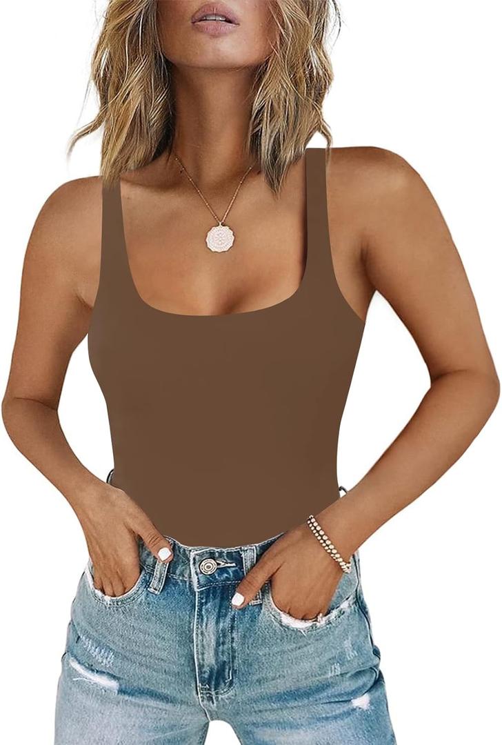 Chunpin Women's Square Neck Sleeveless Bodysuit Double Lined Tops Thong Bodysuit (Large, Brown)