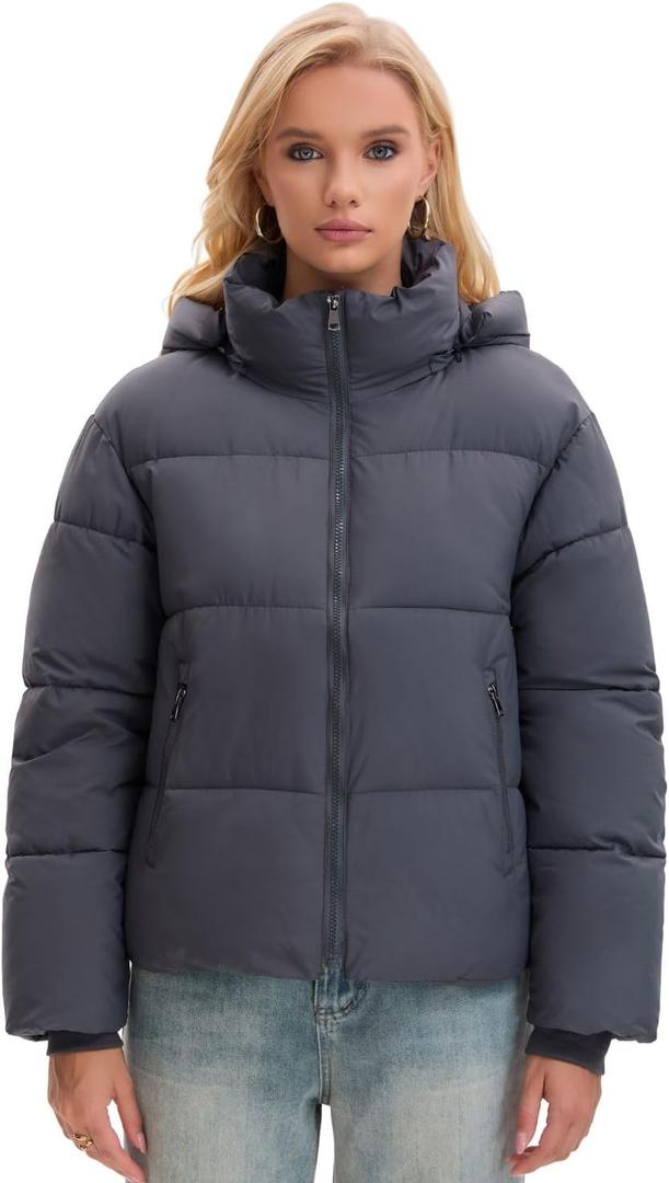 Women's Cropped Puffer Jackets,Warm Winter Jacket with Removable Hood,Zipped Pockets,Short Ladies Quilted Coat (Elegant Charcoal)