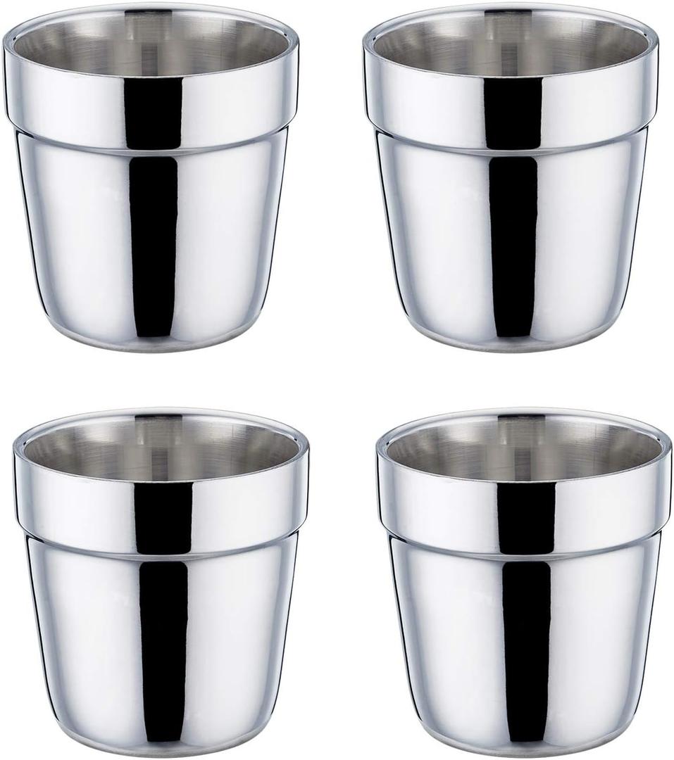 TeamFar Coffee Cup Espresso Cup Mug Set of 4, Double Wall Stainless Steel Tea Cups, Reusable & Stackable, Mirror Finish & Dishwasher Safe - 6 Ounce (4 Count (Pack of 1))