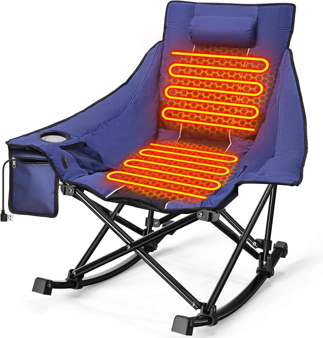 Slendor Heated Rocking Camping Chair with Padded & Pillow, 3 Adjustable Heat Settings Oversized Portable Foldable Camping Chair for Outdoor & Indoor Use, NO Power Bank (Blue)
