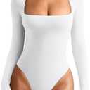 REORIA Women's Basic Lightweight Layering Sexy Slim Square Neck Long Sleeve Bodysuit Tops (L, White)