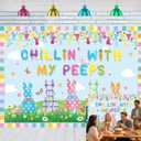 XCKALI Chillin with My Peeps Backdrop Spring Easter Colorful Eggs Bunny Chicken Party Indoor Outdoor Home Decorations (8x6ft)