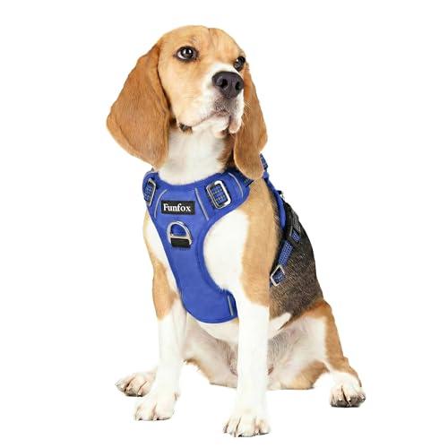 Funfox Dog Harness Medium No Pull, Adjustable 2 Clips Anti-Pull Vest with Practical Handle, Breathable Padded Pet Harness Designed for Small/Large Breeds, Reflective Training Walking Blue M