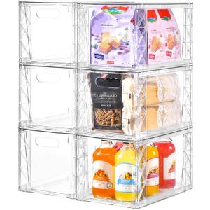 6Pack Stackable Kitchen Storage Organizer, Clear Foods Organizer Bins with Handles, Easily Assemble for Bathroom, Kitchen, Pantry, Cabinet, Closet (Large)