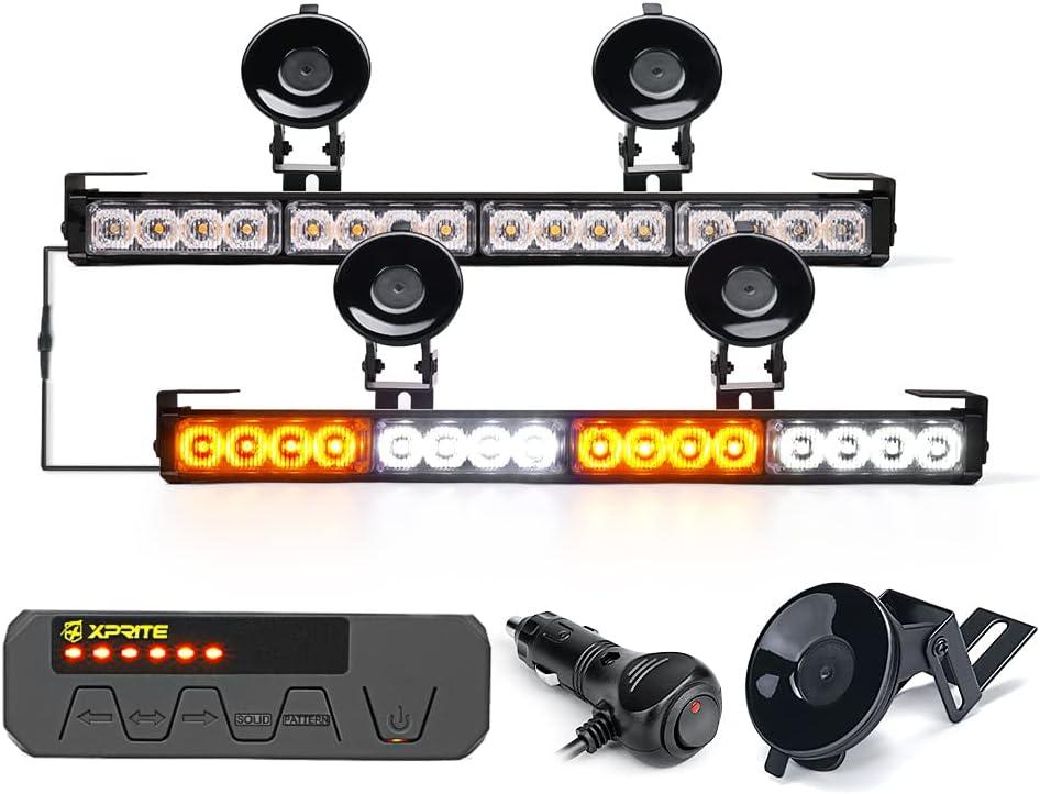 Xprite White Amber LED Emergency Traffic Advisor Strobe Dual Light Bar w/Control Box, Windshield Visor Suction Cup Safety Hazard Warning Flashing Lightbars, for Construction Vehicles Pickup Trucks