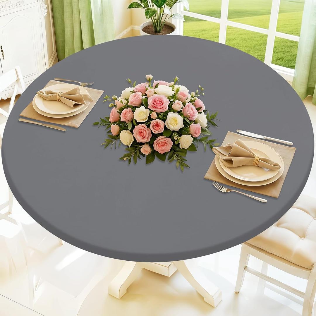 Moosfor Round Spandex Tablecloth, Elastic Fitted Waterproof Tablecloths for 45"-56" Tables, Stretch Washable Picnic Table Cover for Camping, Dining, Indoor and Outdoor, Grey