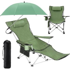 2-in-1 Reclining Camping Chair with 360 Umbrella Folding Lounge Beach Chair with Footrest and Universal Clamp UPF 50+ Adjustable Umbrella Portable Lightweight Seating for Adults Outdoor