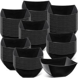 Sliner 100 Pcs Square Plastic Bowls 8 oz Plastic Serving Bowls Disposable Chip Containers for Parties Snack Fruit Candy Containers for Candy Buffet Salad Bar Buffet Party Supplies(Black)