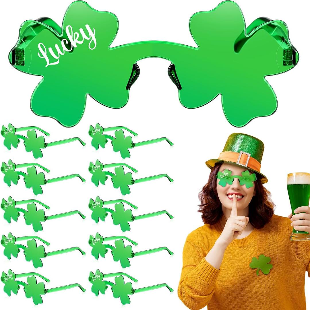12 Pcs St. Patricks Day Shamrock Glasses Bulk Green Shamrock Glasses Irish Photo Accessories for Party Favor(Lucky)