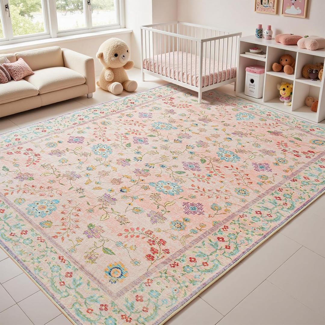Goideal Pale Pink Rug for Girls Room, 8x10 Floral Washable Area Rug Non Slip, Boho Low Pile Carpet with Rubber Backing for Bedroom Living Room Bathroom Playroom Nursery Office