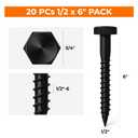 1/2 x 6 Black Lag Bolts, 20 PCs Heavy Duty Dacromet-Coated 304 Stainless Wood Lag Screws, Hex Head for Outdoor Framing Construction