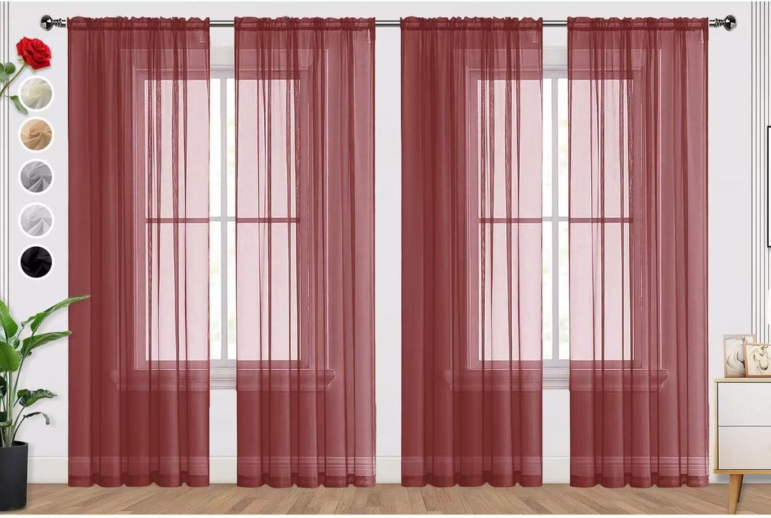 SpaceDresser Burgundy Sheer Curtains 4 Panels Rod Pocket Semi-Sheer Curtain 63 Inches Long Light Filtering Voile Window Drapes for Bedroom Living Room Kitchen, Each 52W x 63L