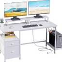 Furologee 47" Computer Desk with File Cabinet and Power Outlets, Home Office Desk with 2 Monitor Stands and Storage Drawer, Writing Gaming Table with Shelves and 2 Hooks for Bedroom, White