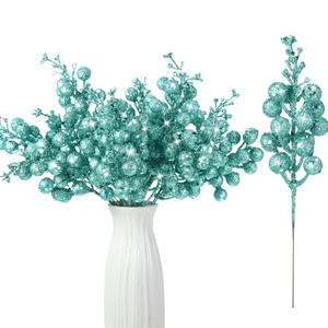 Geosar 36 Pcs Christmas Glittered Berries Stems 7.9 Inch Artificial Berries Sprays Branches Floral Pick for Christmas Tree Ornament, DIY Xmas Wreath, Crafts, Home Decor(Turquoise, Pure Color)