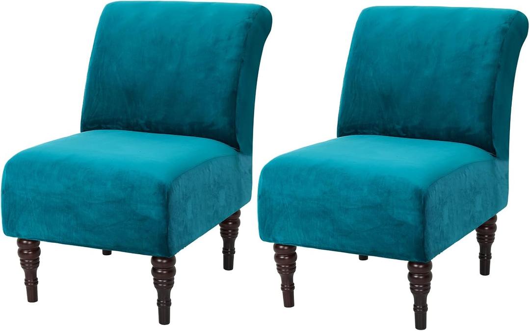 Velvet Armless Accent Chair Cover, Soft Stretch Accent Chair Slipcovers Without Arms Removable Armless Chair Furniture Protector Covers for Living Room/Dining Room/Hotel (Peacock Blue, 2)