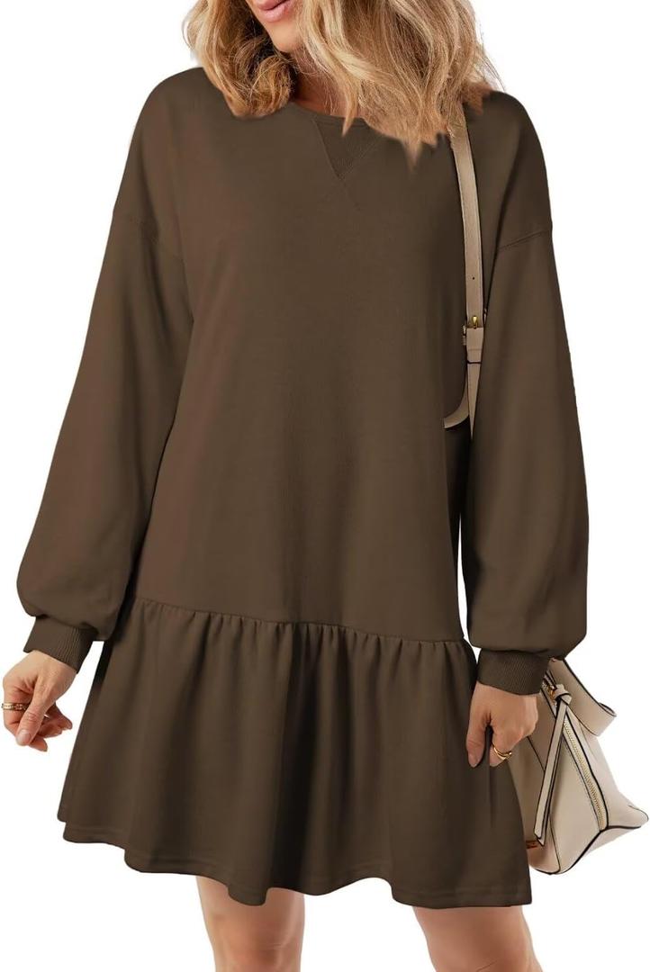 BLENCOT Womens 2025 Fall Long Sleeve Pullover Tops Crewneck Rib Knit Patchwork Sweatshirt Dress Casual Mini Dresses (Beige), Size M