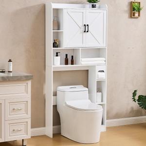Over The Toilet Storage Cabinet, 32 Inches Width Farmhouse Storage Cabinet Over Toilet with 2 Barn Door, Toilet Paper Holder Stand, Toilet Rack for Bathroom, Laundry, Restroom, White
