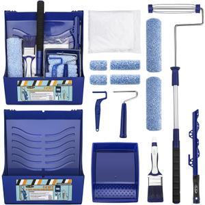15pcs Paint Roller Kit - 12" Ladder Paint Tray, 9" Extendable Paint Roller (18-36 Inch), 4" 2" Mini Roller Frame with Microfiber Covers, Large Paint Kit for Painting Walls, Ceilings, Floors