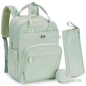 Dikaslon Diaper Bag Backpack with Portable Changing Pad, Pacifier Case and Stroller Straps, Large Unisex Baby Bags for Boys Girls, Multipurpose Travel Back Pack for Moms Dads, Mint Green
