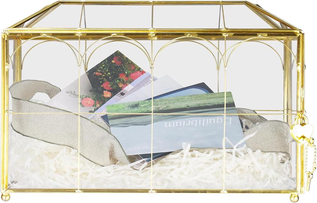 HighFree Glass Wedding Card Box with Lock, Gold Clear Card Box, Decorative Gift Card Box for Baby Shower, Birthday Party, Bridal Shower (With Arch, Large)