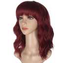 morvally Short Wine Red Wavy Bob Wig with Bangs for Women 16 Inches Natural Synthetic Burgundy Hair Wavy Wigs