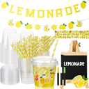 87 Pcs Lemonade Stand Supplies 30 Lemonade Drink Buckets with Lids and Straws 2 Banners 1 Wooden Blackboard with 3 Chalks Lemon Stickers Reusable Cups for Summer Lemon Birthday Party Fruit Juice Stand