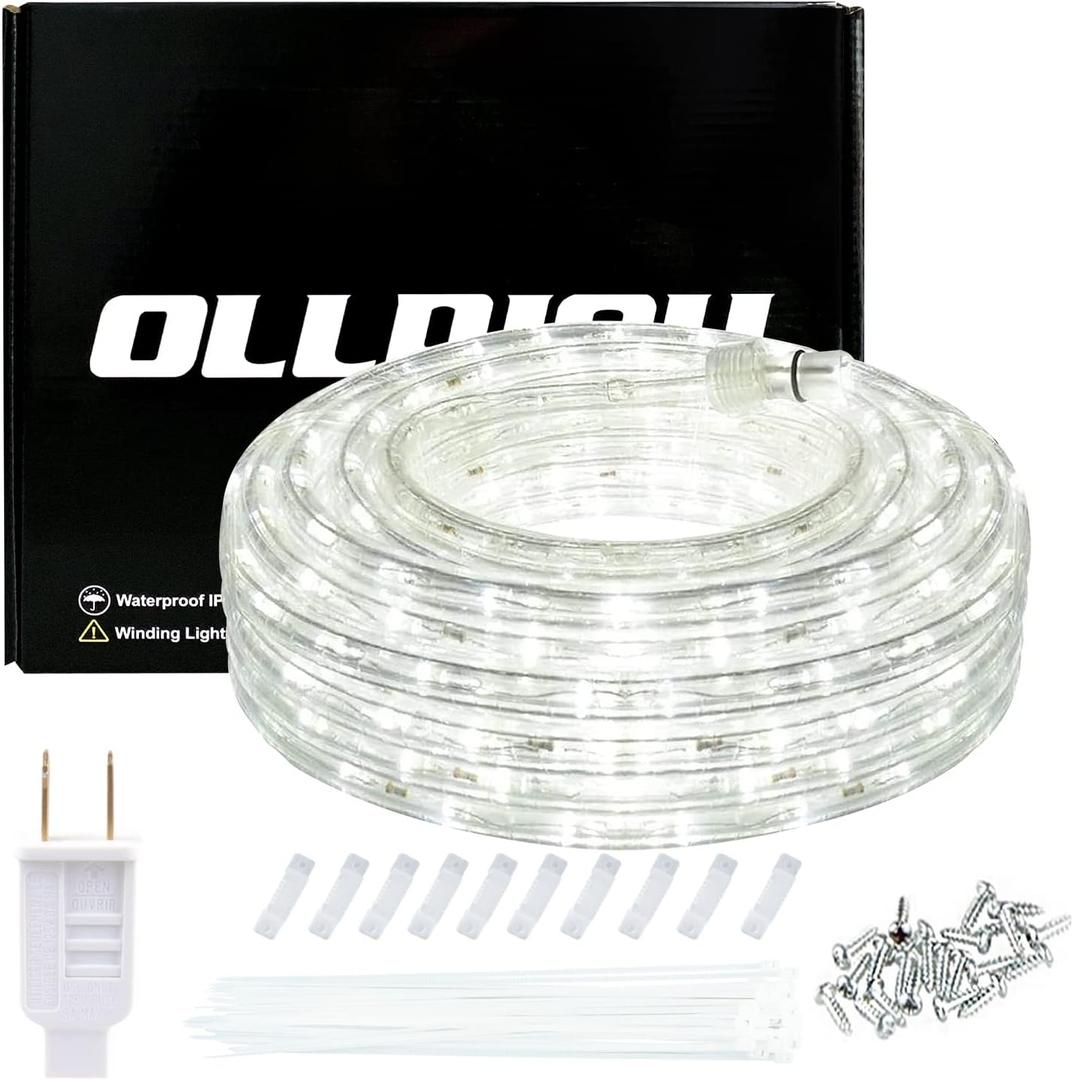 50ft Rope Lights, 360 LED 110V Daylight White 6000K, Waterproof, Indoor/Outdoor, Patio, Flexible, Linkable, Durable