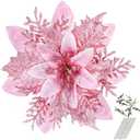 GREENTIME 12 Pcs Pink Glitter Poinsettia 5.5" Artificial Flowers Christmas with Clips Stems Xmas Tree Ornaments for New Year Stairs Fireplace Porch Balcony Garden Church Wreath Decoration (Pink)