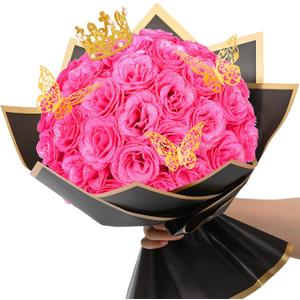 Waipfaru Glitter Roses Bouquet, DIY Fake Flowers Bouquet, Hot Pink Artificial Flower, Valentine's, Anniversary, Engagement, Wedding, 36 Pcs