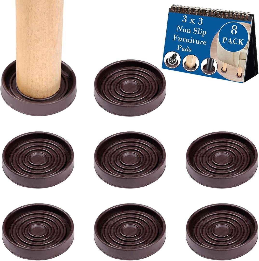Fursafe&Q Rubber Caster Cups, Non Slip Furniture Pads Hardwood Floors -Furniture Coasters Cups with Anti Sliding Floor Grip, Bed Stoppers to Prevent Sliding, Non Slip Couch Feet Pads 3" 8 Pack Round