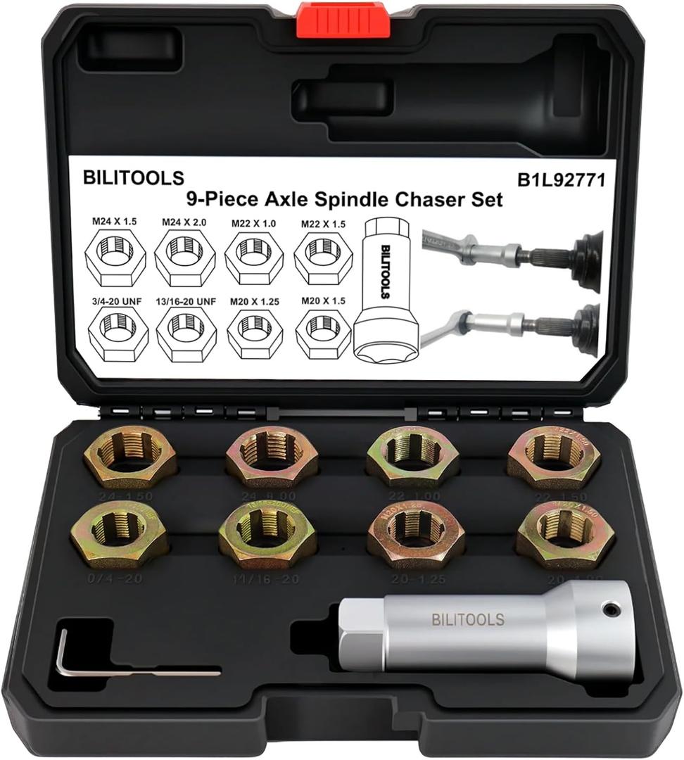 BILITOOLS Axle Spindle Rethreading Tool Kit, 10-Piece Axle Wheel Stud Thread Chaser Repair Set Restorer Tool Metric M20 M22 M24 & UNF 13/163/4