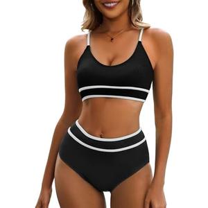 Century Star High Waisted Bikini Sets for Women Sporty Two Piece Swimsuit Ribbed Color Block Bathing Suit, 2XL