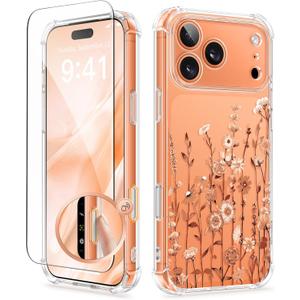 GVIEWIN for iPhone 17 Pro Max Case, [Upgraded Full Camera Protection][Not Yellowing][Screen Protector] Shockproof Protective Clear Floral Phone Case for iPhone 17 Pro Max 6.9'' (Floratopia/Orange)