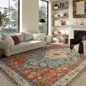 Lahome Boho Tribal Washable Area Rugs 9x12 Living Room, Soft Bedroom Rug Non Slip Dining Room Rugs for Under Table, Large Oriental Vintage Throw Carpet for Famliy Room (Rust/Dull Teal,9x12ft)