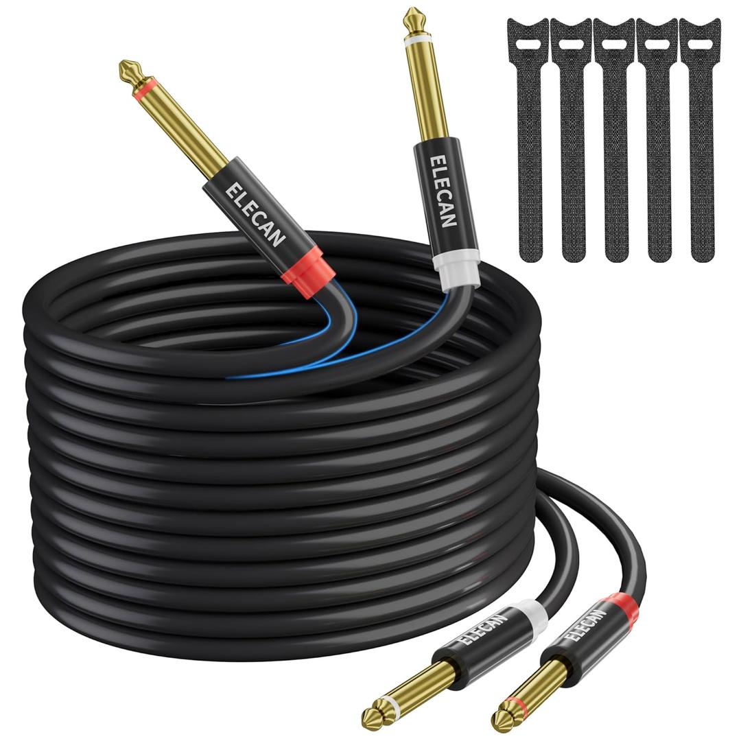 Elecan Dual 6.35mm 1/4 TS to Dual 1/4 TS Stereo Audio Cable 50 Ft, Interconnect Insert Cable, Firm Connection,Flexible Durable Tearable Color-Coded Mono Breakout Cable for Speaker Amplifier Mixer+Ties