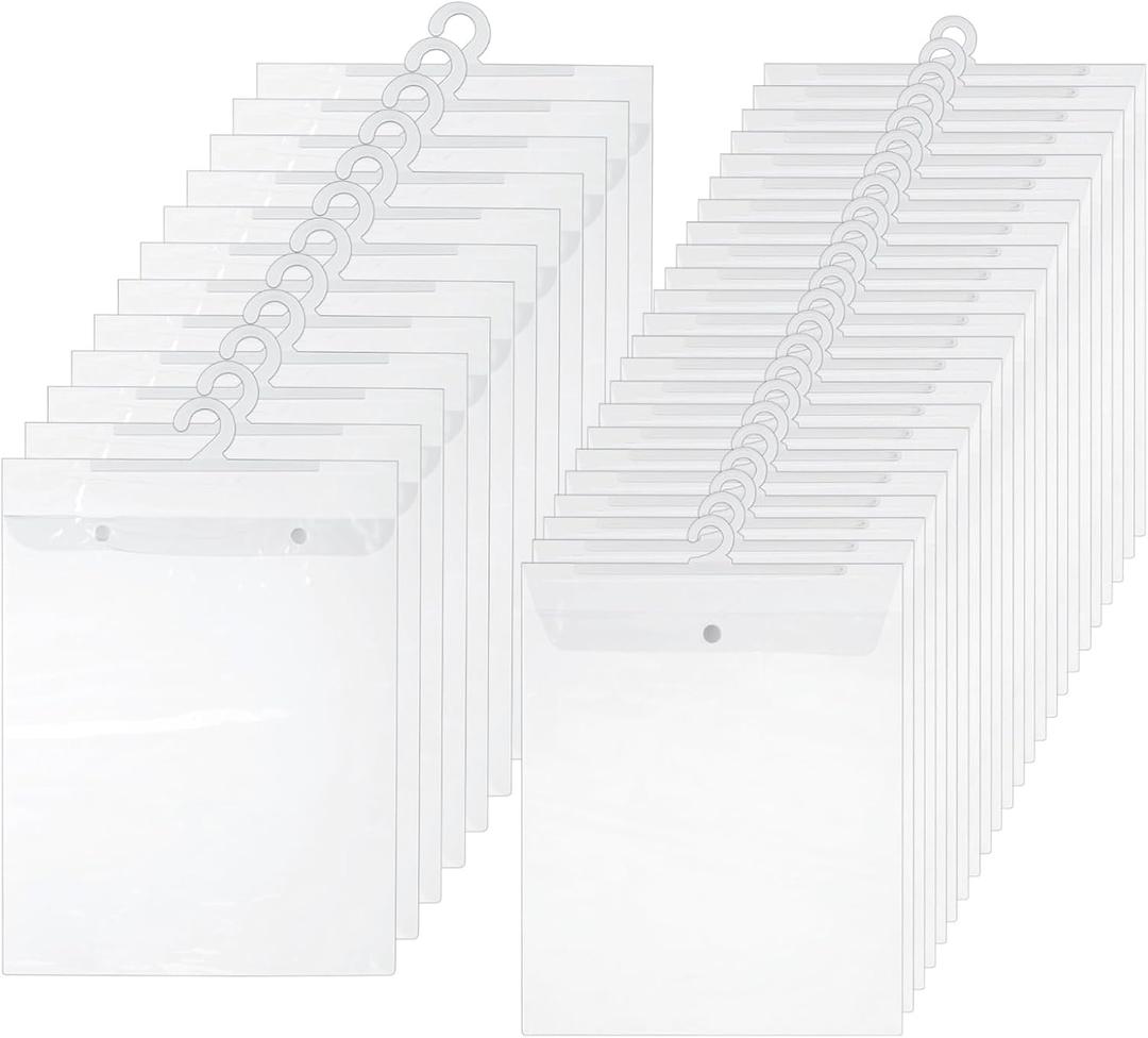 36 Pcs Hanging Storage Bags, Clear PVC Plastic Bags with Large Hook, Reusable Dustproof Storage Bags with Snap Button Closure for Classroom, Library, Pharmacy, Office, 10 x 12.6" & 12.2 x 16.9"