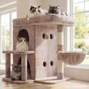 Heybly Cat Tree, 25.6-inch Cat Tower with Spacious Top Perch for Large Cats, Stair-Style Cat House Furniture with Dual-Layer Condos, Sisal Scratching Posts, Cozy Basket & Pompom, Muchroom HCT204SMU