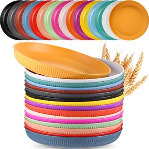 Tioncy 16 Pack Wheat Straw Dinner Plates 9 Inch Unbreakable Toddler and Children Dinner Plates Set Microwave & Dishwasher Safe Reusable Healthy Plate for BBQ, Travel, Events, 16 Colors
