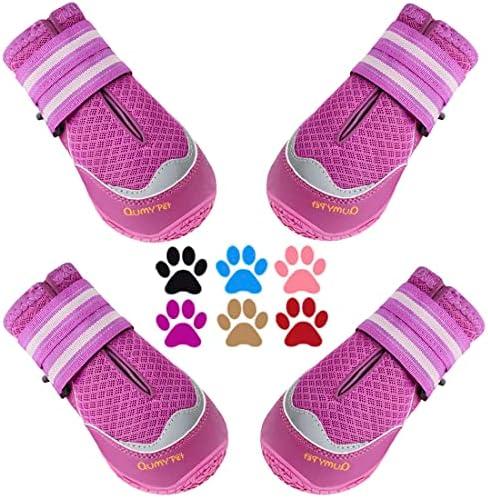 QUMY 4PCS Dog Boots for Large Dogs, Medium Dog Shoes & Paw Protectors for Hot Pavement, Summer Heat Protection, Mesh Breathable Nonslip Dog Booties for Hardfloors, Walking Running Hiking Purple Size 4