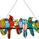 22x12.8 Inches Stained Glass Birds Window Hanging, 9 Multicolor Birds on Branch Suncatcher, Cardinal Hummingbird Kingfisher Glass Panel for Home Decorations, Gifts for Women Mom Grandma