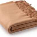 Velanio Cashmere 100% Cashmere Throw Blanket with Fringe 60 x 54 Inch Super Soft Warm for Home, Travel Sofa Bed (Camel) (Large)