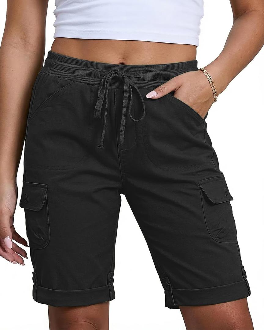 luvamia Bermuda Shorts for Women Knee Length Pull On Elastic Waist High Rise Fold Hem Casual Summer Chino Cargo Shorts (Black, L)