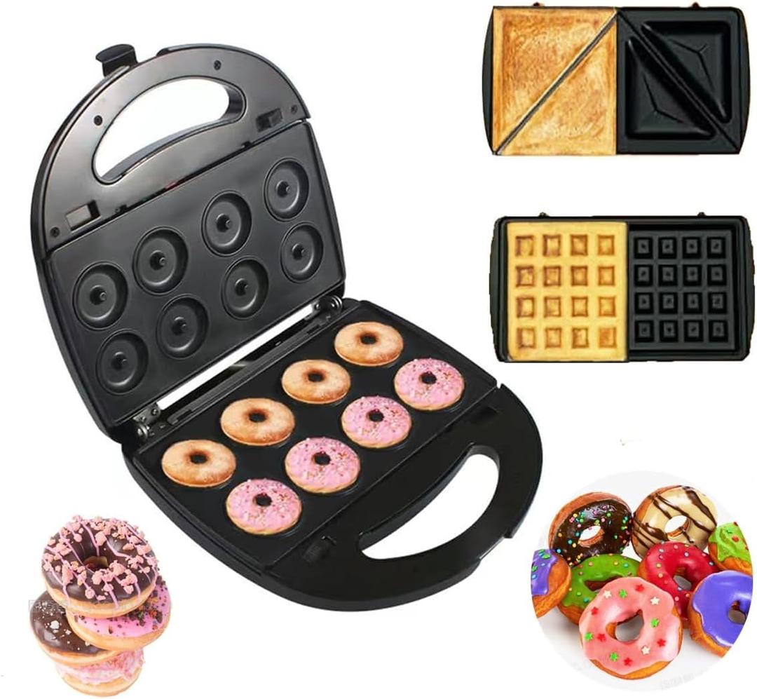 Donut Maker, 3 in 1 Electric Sandwich Waffle Machine, Panini Dessert Toaster with 3 Removable Non Stick Baking Plates750W interchangeable Iron Set, For Breakfast and Afternoon Tea Use