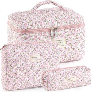 Makeup Bag for Women 3PCS Quilted Cotton Make Up Bag Travel Cosmetic Bag Large Makeup Bag Set Cute Makeups Organizer Floral Toiletry Pouch for Purse, Pink Floral D