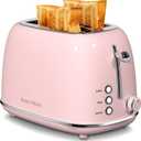 Roter Mond 2 Slice Toaster Retro Stainless Steel with Bagel, Cancel, and Defrost Functions, 6 Bread Shade Settings, Extra Wide Slots and Removable Crumb Tray, Pink