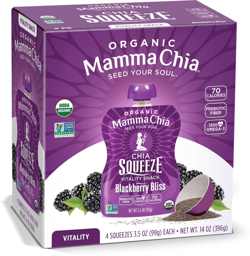 Mamma Chia Organic Vitality Squeeze Snack, Blackberry Bliss, 24- 3.5 Ounce Chia Pouches. USDA Organic, Non-GMO, Vegan, Gluten Free, and Kosher. Fruit and Vegetables with only 70 Calories (EXP 06/21/27)