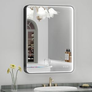 LED Mirror for Bathroom 24X32 Inch Black Framed with Anti-Fog, Stepless Dimmable, Front Lit, LED Bathroom Vanity Mirror for Wall, Memory Function, Tempered Glass, Shatter-Proof