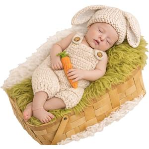 Baby Bunny Outfit for Newborn Photoshoot Props – Easter Baby Outfit Knitted Crochet Bunny Costume with Bunny Ears Hat & Carrot Prop – Newborn Photography Outfit Easter Bunny Baby Photoshoot Costume